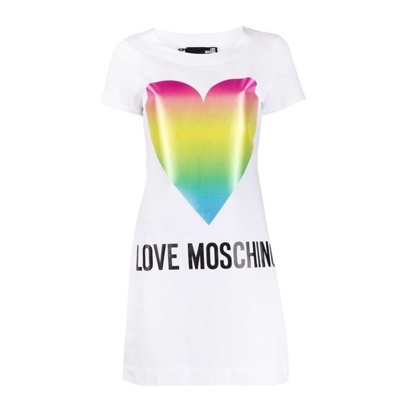 Love Moschino White Cotton Dress with rainbow heart logo - Picture 5 of 9